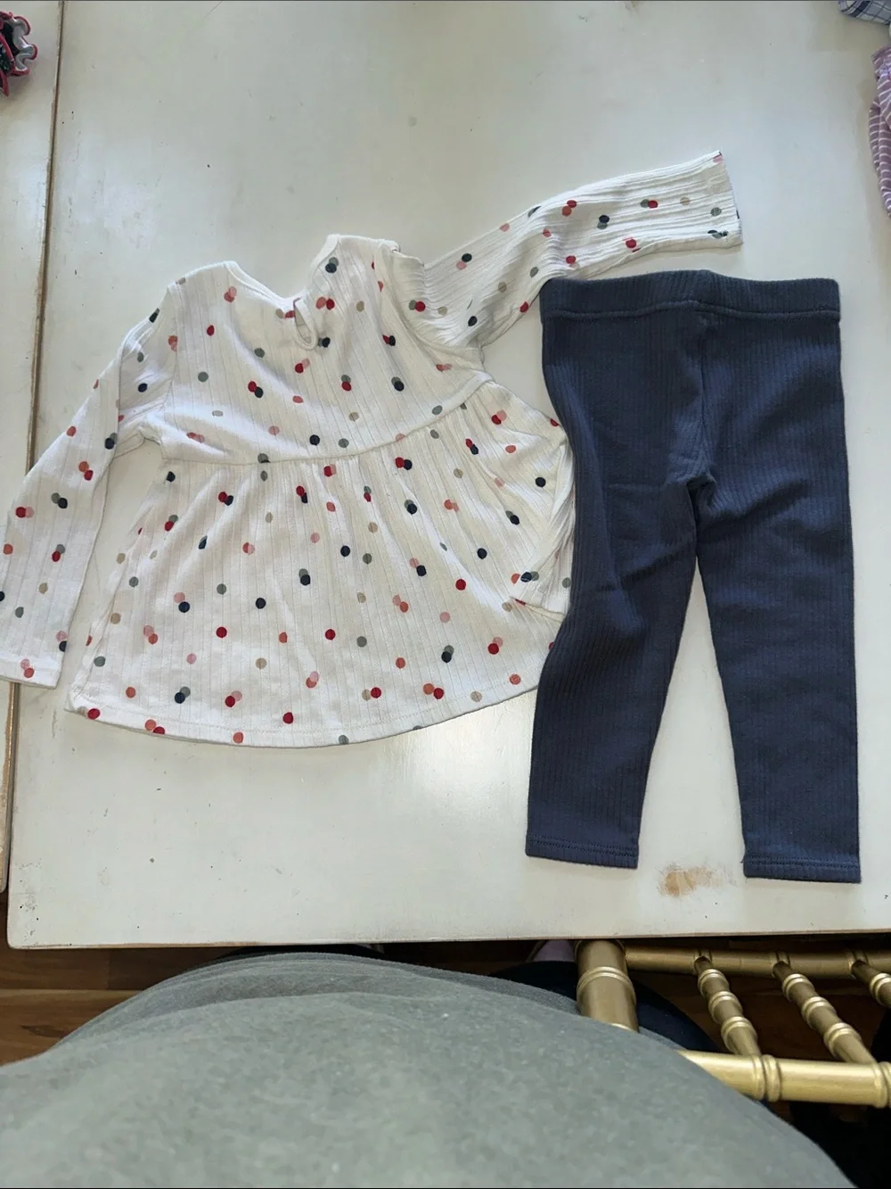 Garanimals White Peplum Top with Multicolor Dots & Navy Ribbed Leggings